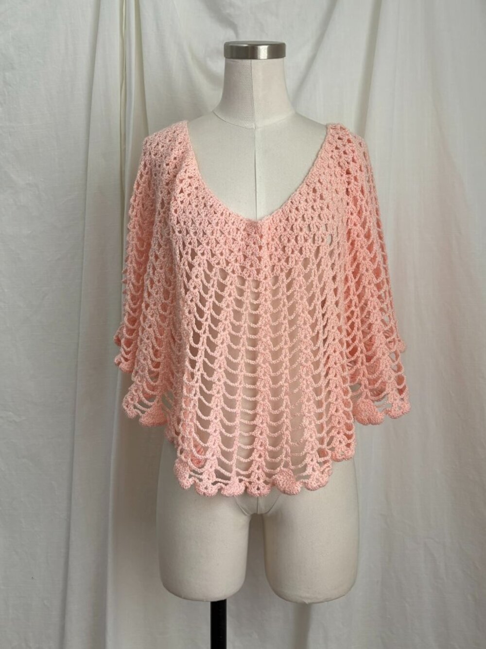 Peach Crochet Shawl Boho Cottagecore Fairy Gypsy Poncho Vintage Handmade Granny